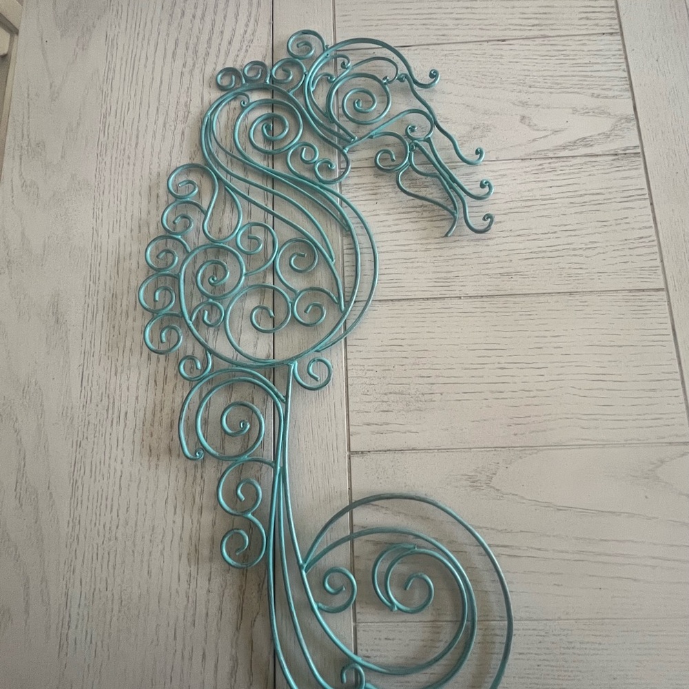 Metal Seahorse Lacey Look Distressed Design Coastal Teal 18 Inches Wall Decor